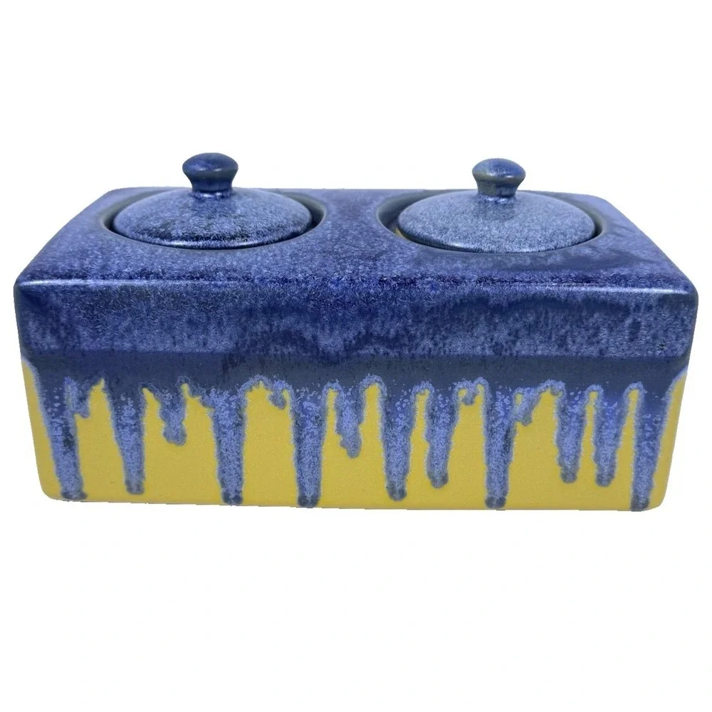 Ceramic Vanity Organizer Sink Caddy Lidded Jars Blue Drip Glaze on Yellow